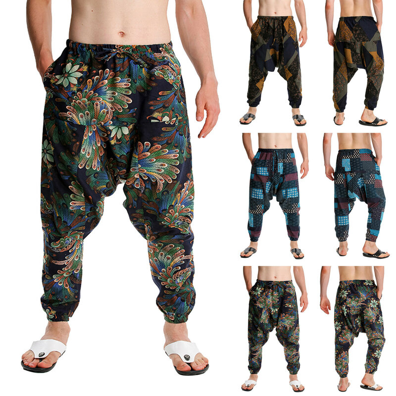 Pantalones de chándal con estampado de pavo real para hombre, pantalones bohemios holgados, algodón, informal, Yoga, tiro caído, Hip Hop tradicional