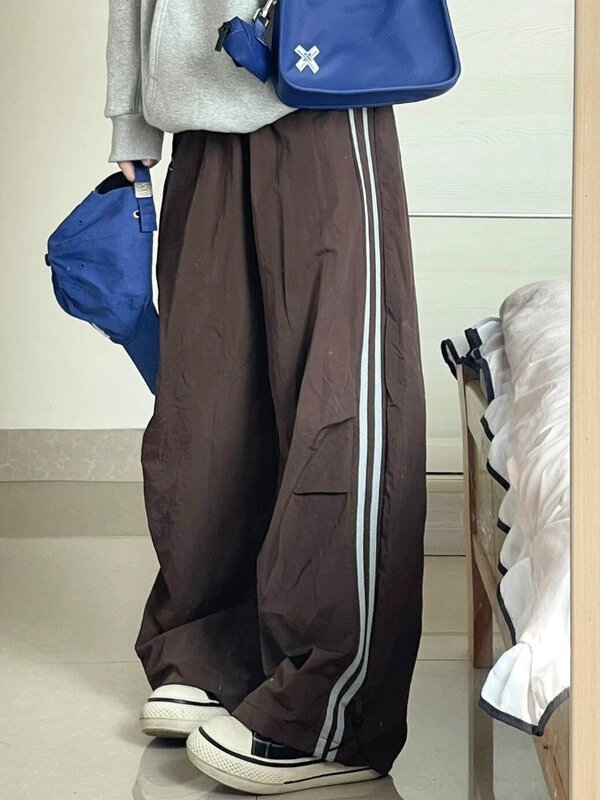 Calças de paraquedas listradas Houzhou para mulheres, calças esportivas largas, moda Harajuku casual, calças cargo retrô americana, vintage Y2k