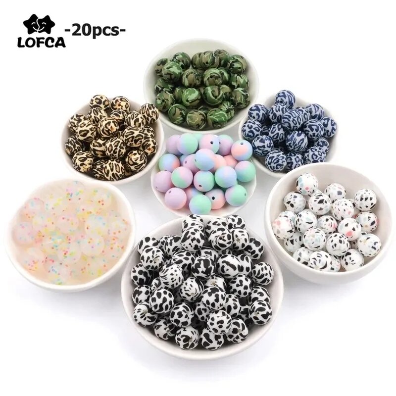 LOFCA – perles de dentition en Silicone, 20 pièces, teinture par nouage, léopard, Terrazzo, dalmatien, camouflage, perles colorées à mâcher pour bébé