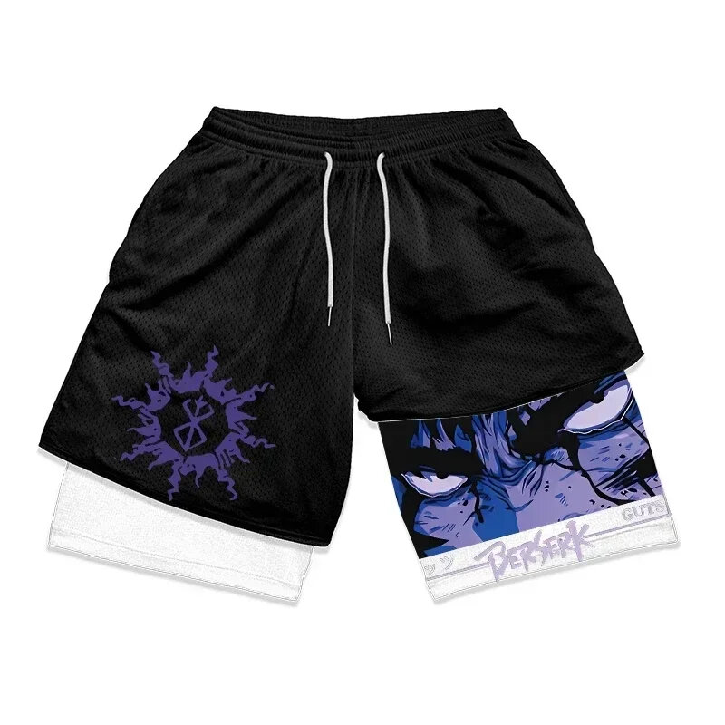 Pantaloncini da palestra Anime Berserk 2 in 1 per uomo pantaloncini a compressione atletica attiva da 5 pollici allenamento elastico ad asciugatura rapida allenamento Fitness
