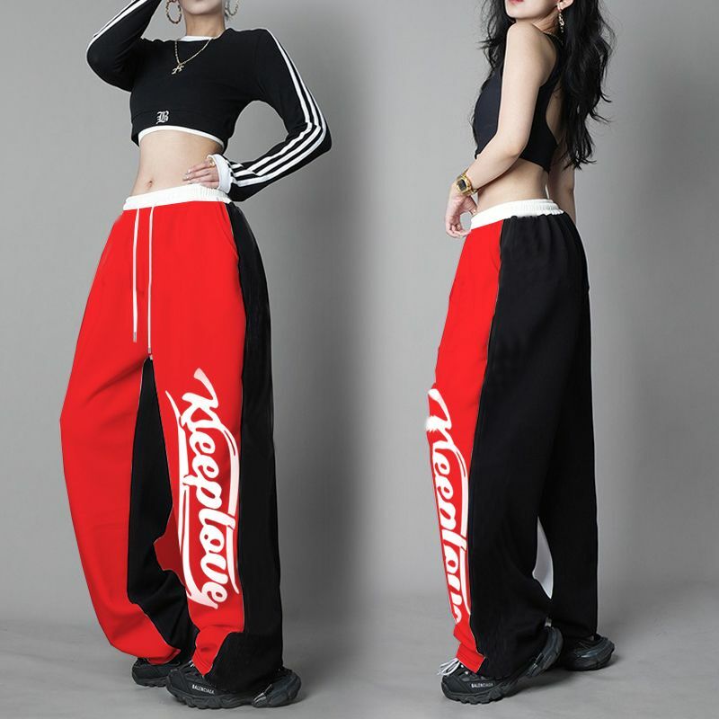 Calças esportivas costuradas com contraste americano Hip Hop, cintura alta feminina dança de rua solta casual, espartilho dança reta