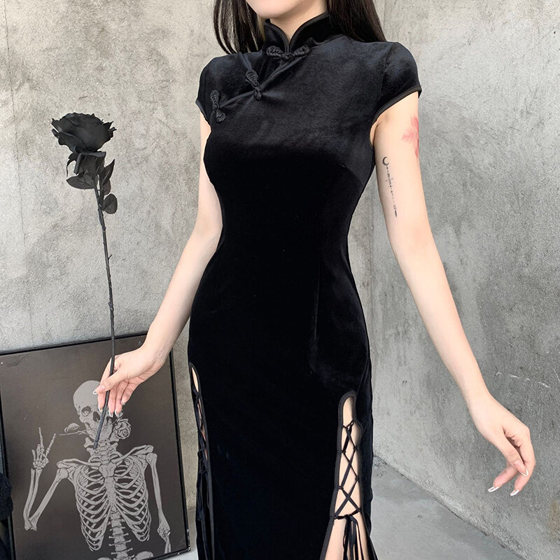 2024 Vintage Black Bandage Chinese Style Cheongsam High Split Velvet Dress Spring Retro Long Qipao Gothic Women Aesthetic Dress