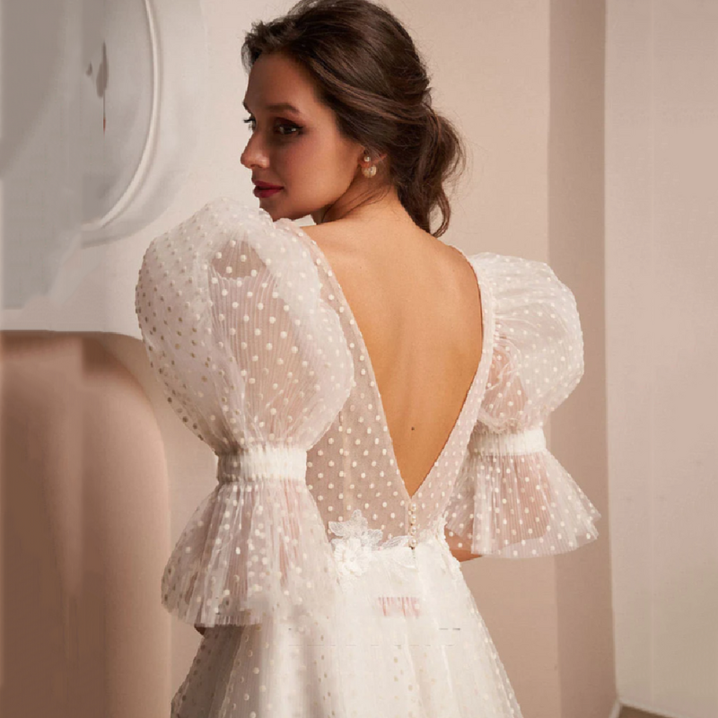 Женское свадебное платье до колен TIXLEAR, простое ТРАПЕЦИЕВИДНОЕ ПЛАТЬЕ С V-образным вырезом и пуговицами, свадебное платье с рукавами-фонариками