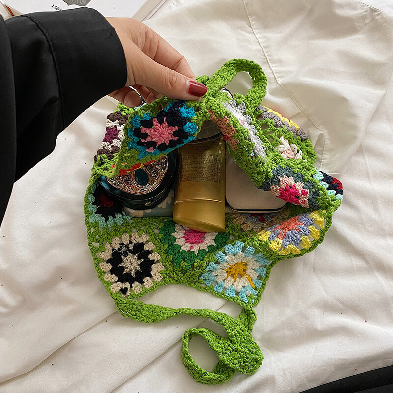กระเป๋าโท้ทผู้หญิงลายดอกไม้ถักโครเชต์ความจุมากกระเป๋าถักทำด้วยมือสไตล์วินเทจหลากสีเปิดออก