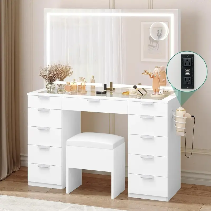 Make Up Table 46'' Large Makeup Vanity With Storage Bench Vanity Desk Set Home Furniture for Bedroom Dresser Furnitures Dressers