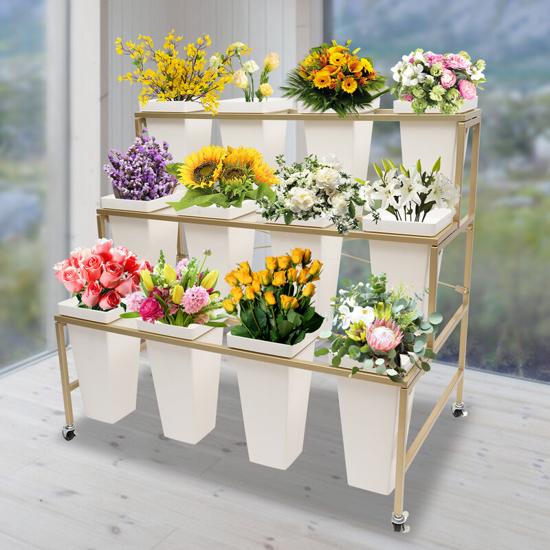 Espositore per fiori in metallo resistente a 3 strati con secchio e ruote da 12 pezzi per fiorista da giardino per interni ed esterni