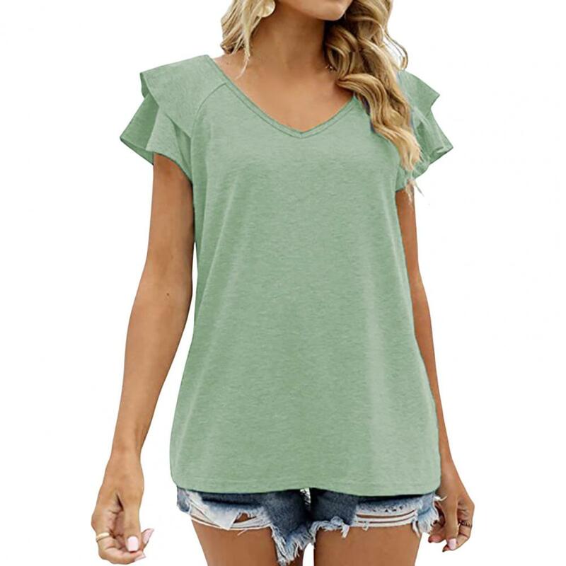 여성용 경량 더블 레이어 러플 브이넥 티셔츠 컬렉션, 단색 스트리트웨어, 스타일리시 상의, 여름