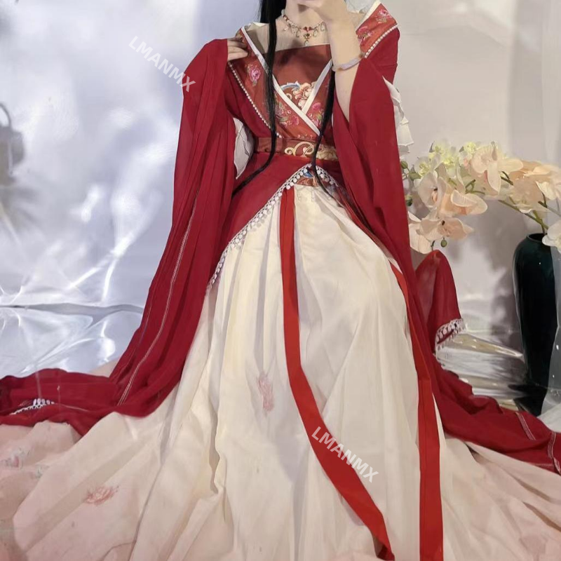 Retro Chinese Style Red Vestido Hanfu Dress Cosplay Women Traditional Print Long Skirt 5 Piece Set Elegant Girls Party Skirt Set