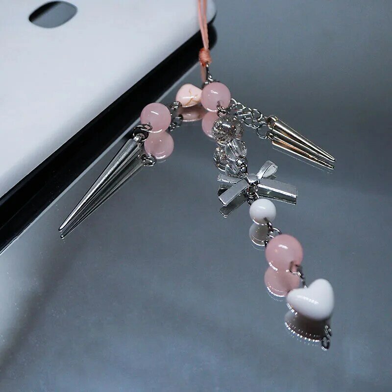 Girl Sweet Cute Pink Heart Mobile Strap Phone Chains Women Kawaii Bow Y2K Pendant Charm Keychain Anti-Lost Lanyard Kpop Jewelry