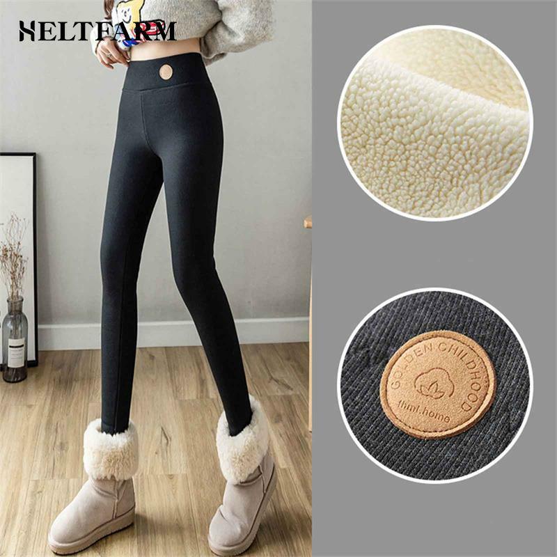 Women's Lamb Fleece Lined Leggings Warm Winter Leggings High Waist Inside And Out Thermal Pants With Pockets