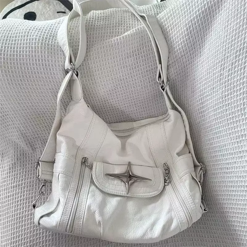 Xiuya Y2k Large Capacity Shoulder Bag White Pu Leather Cross Handbag American Style Punk Goth Fashion Simple Designer Handbag