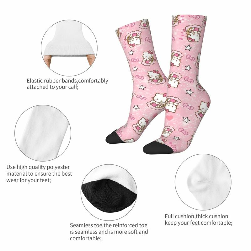Calcetines deportivos con patrón de Hello Kitty para hombre y mujer, medias de tubo medio de poliéster con dibujos animados, transpirables, estilo Hip hop, Unisex