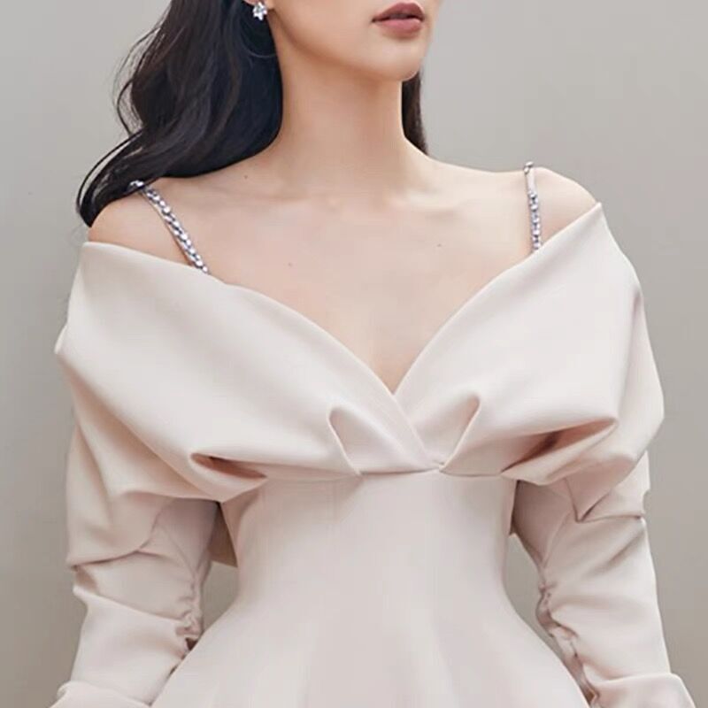 2022 wiosenna damska koszulka z długim rękawem sukienka na ramiączkach Party Sexy Solid Color dekolt w szpic a-line sukienki na ramiączka
