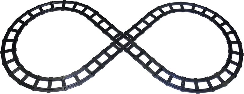 Zestaw torów ryc. 8, zawiera 6 zakrzywionych torów, 4 proste tory i 4-częściowe skrzyżowanie, kompletny rysunek 8 mierzy 14 '1 "x 6' 5"