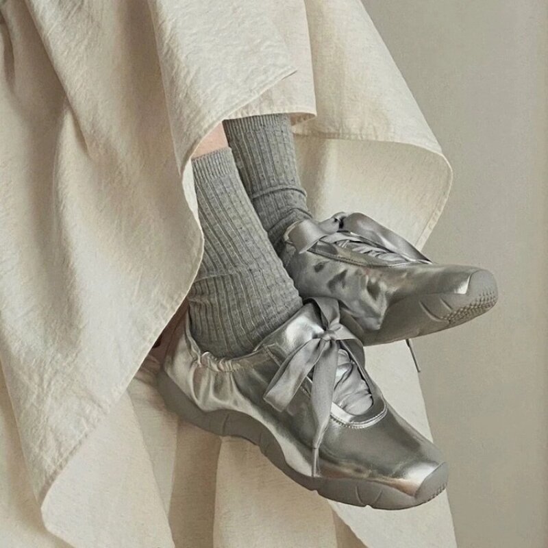 Балетки женские серебристые, элегантные туфли на плоской подошве, с квадратным носком, без застежки, осень-весна