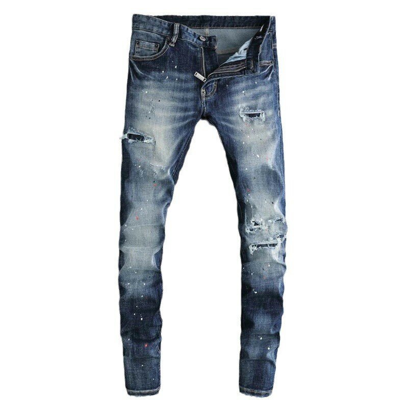 Jeans Rasgado Retro Azul Stretch Slim Fit Masculino, Calças Jeans Vintage, Moda de Rua, Marca Designer Pintada, Alta Qualidade
