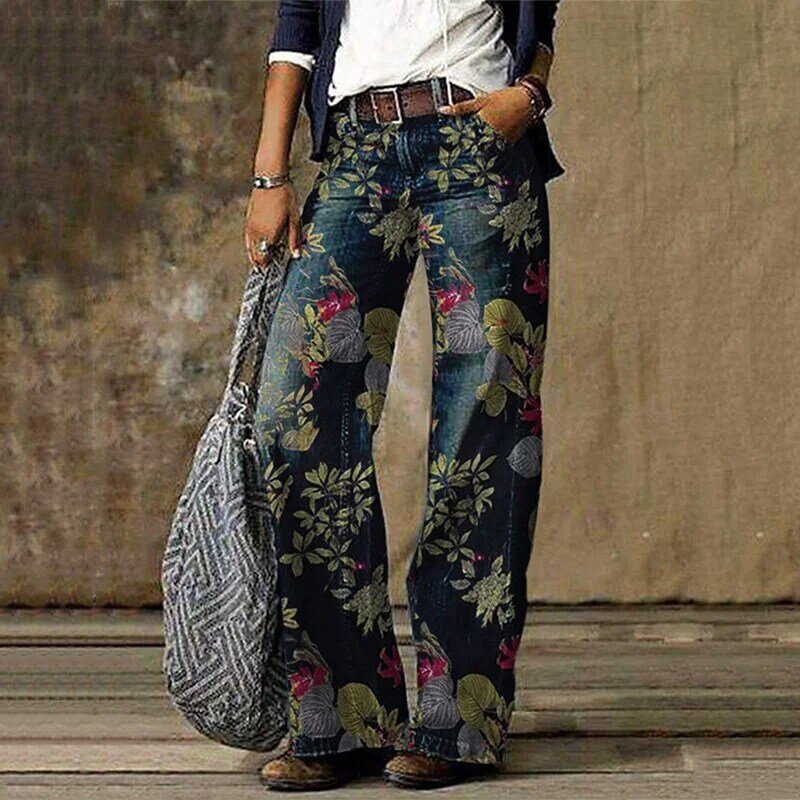 Retro แฟชั่นกางเกง Beltless กัญชารูปแบบการพิมพ์กระเป๋าผู้หญิง2022ฤดูใบไม้ร่วงใหม่หลวมสูงเอวกว้างขากางเกงยาว