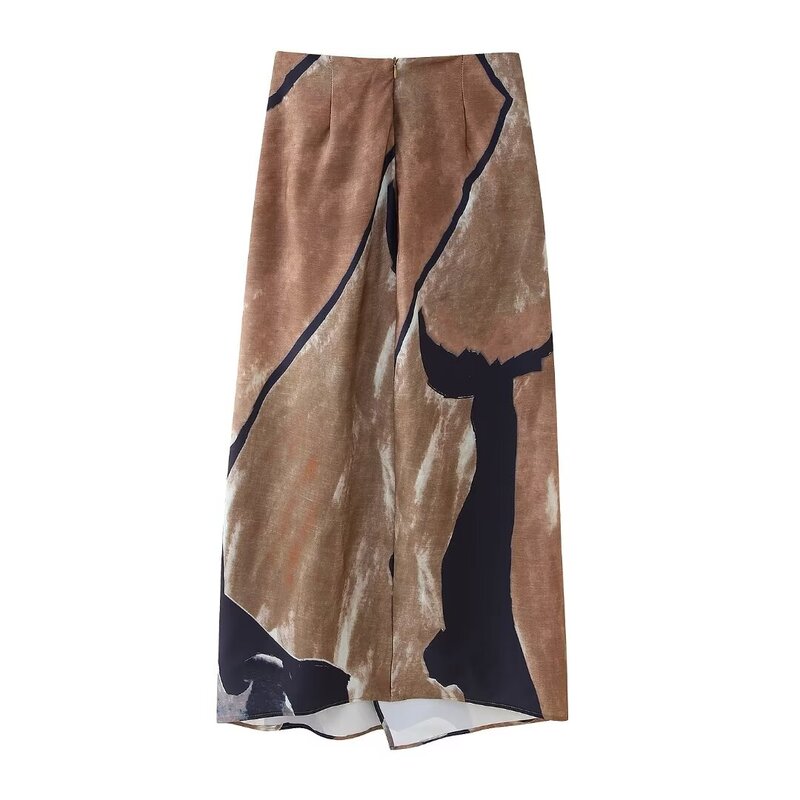 Women's 2024 New Fashion Temperament Joker Printed Scarf-wrapped Design Midi Skirt Retro High Waist Zipper Skirt Mujer
