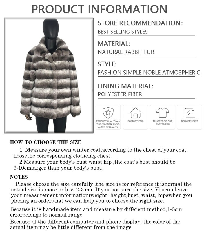 Chinchilla Fur Coat Jacket Real Rabbit Fur Outwear Stand Collar High Fashion Overcoat