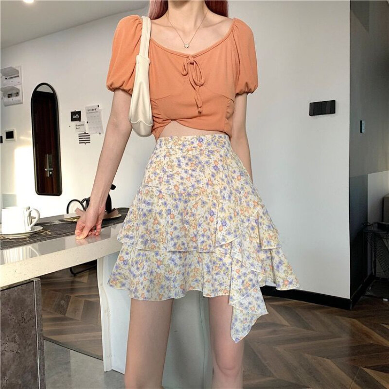 Deeptown-minifalda con estampado de flores para mujer, Falda corta con volantes, elegante, Sexy, en capas, Irregular, Vintage, informal