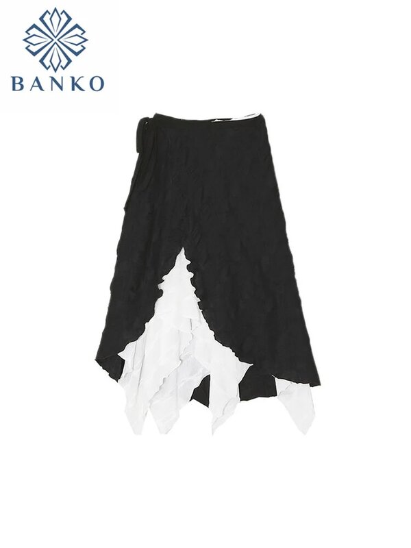 Женские юбки в стиле Харадзюку Y2k, средней длины, ассиметричная уличная одежда с соединением, Винтажный дизайн, в стиле девушки Мори Gyaru, в Корейском стиле