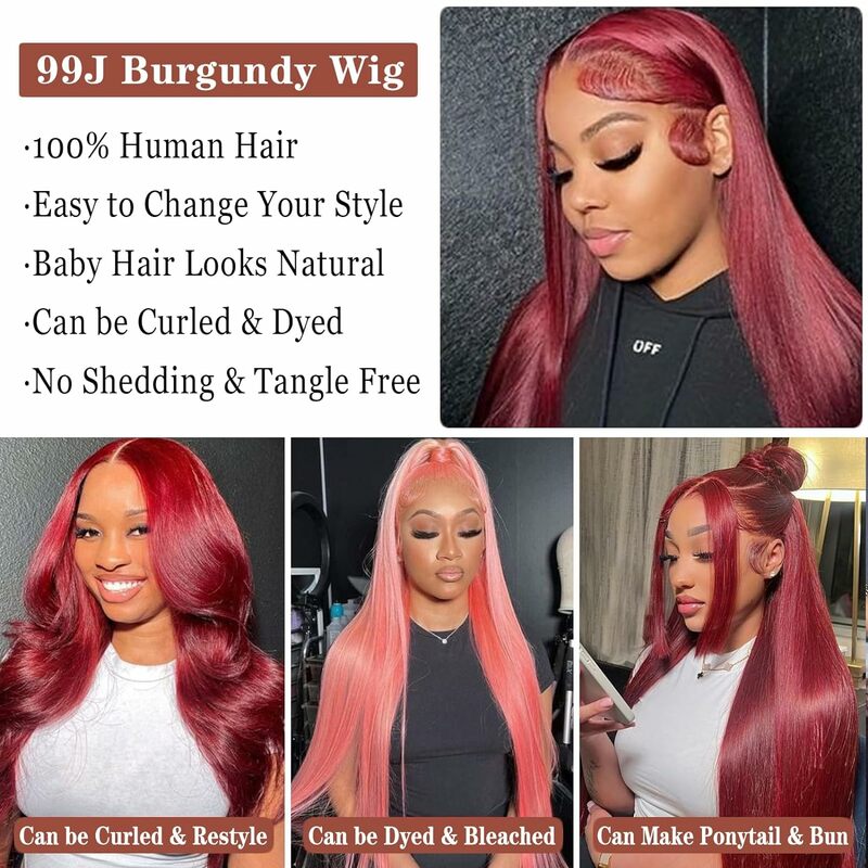 99J Burgundy Lace Front Wigs Human Hair 13x4 HD Transparent Wine Red Colored Straight Lace Front Wigs 200% 250% Density