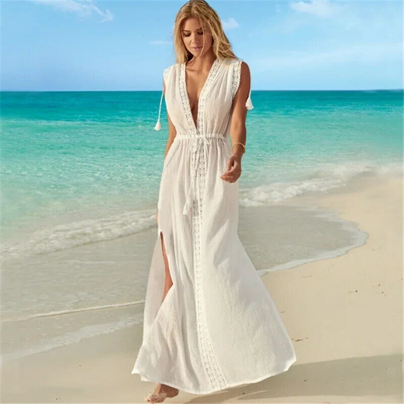 Sommer häkeln weiß gestrickt Strand vertuschen Kleid Tunika lange Pareos Bikinis vertuschen lange gestrickte Bikini Vertuschungen