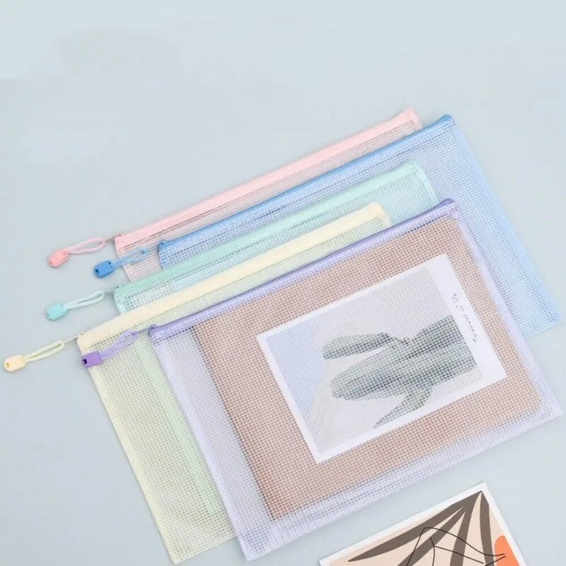 5pcs Mesh Zipper Pouch Document Bag Pencil Case Storage Bags Waterproof Zip File Folders A4 School Office Supplies