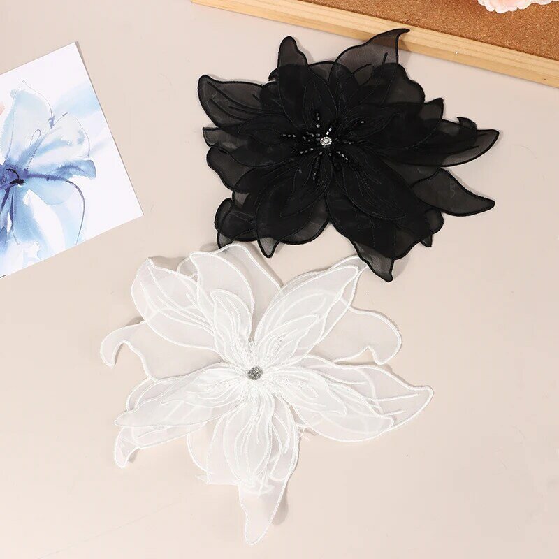 Multi-layer White Black Lace Beads Organza Flower Sew On Patch For Wedding Evening Dress Decoration Applique