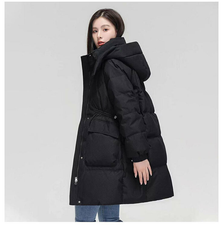 Mantel panjang musim dingin wanita, mantel berkerudung tebal, panjang menengah, Parka putih santai model Korea untuk wanita