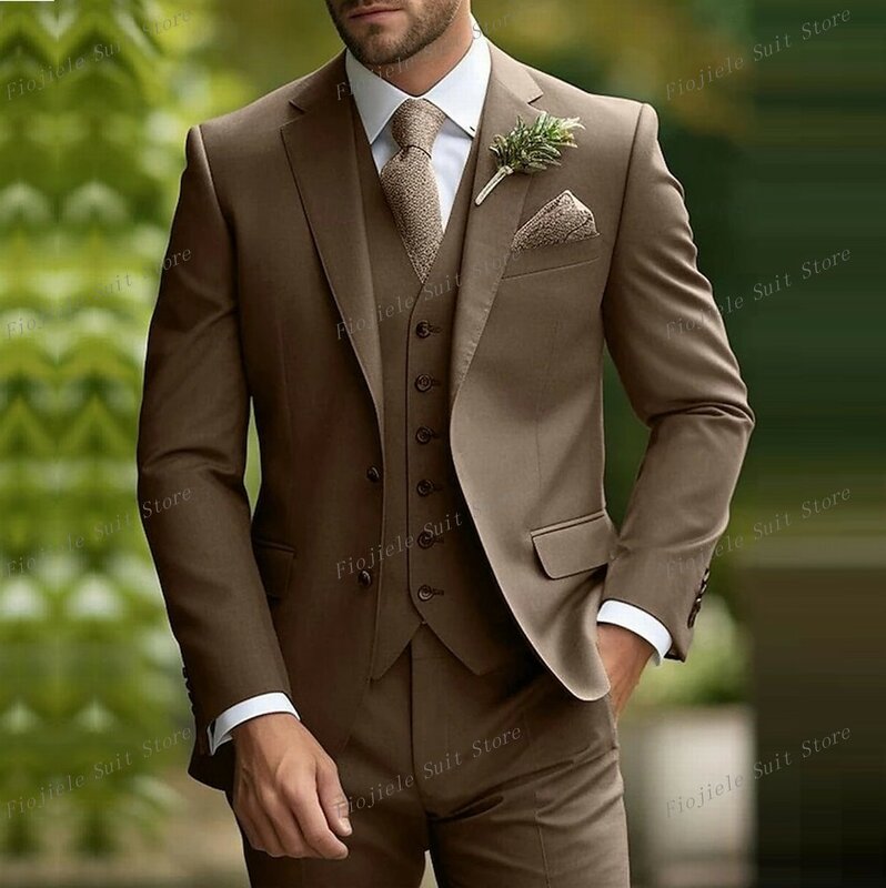 New Male Light Brown Men Suit Business Prom Groom Groomsman Wedding Party 3-Piece Set Formal Occasions Tuxedo Jacket Vest Pants