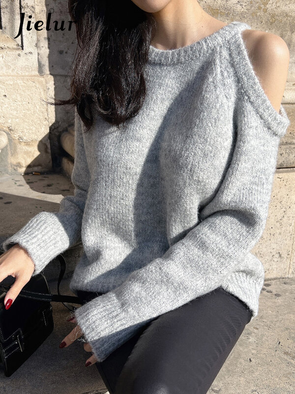 Jielur Sweater rajut wanita, baju Pullover wanita lubang Chic Korea, Sweater sederhana musim dingin kasual warna Solid, pakaian jalanan