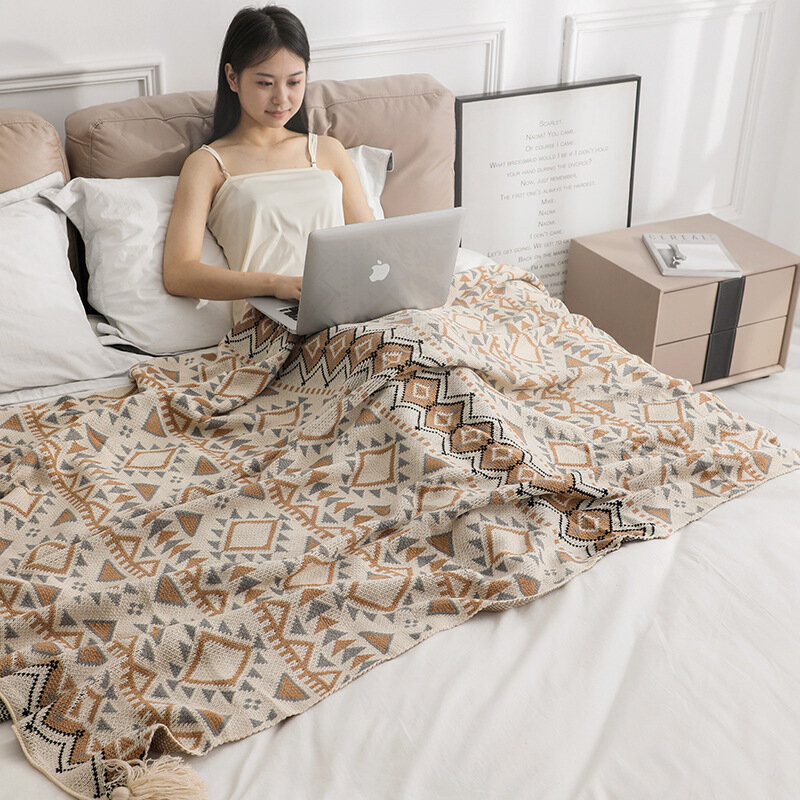 ผ้าคลุมโซฟาผ้าคริลิคสไตล์โบฮีเมียนผ้าห่มนอนสำหรับตกแต่งฤดูหนาวแบบเรียบง่าย