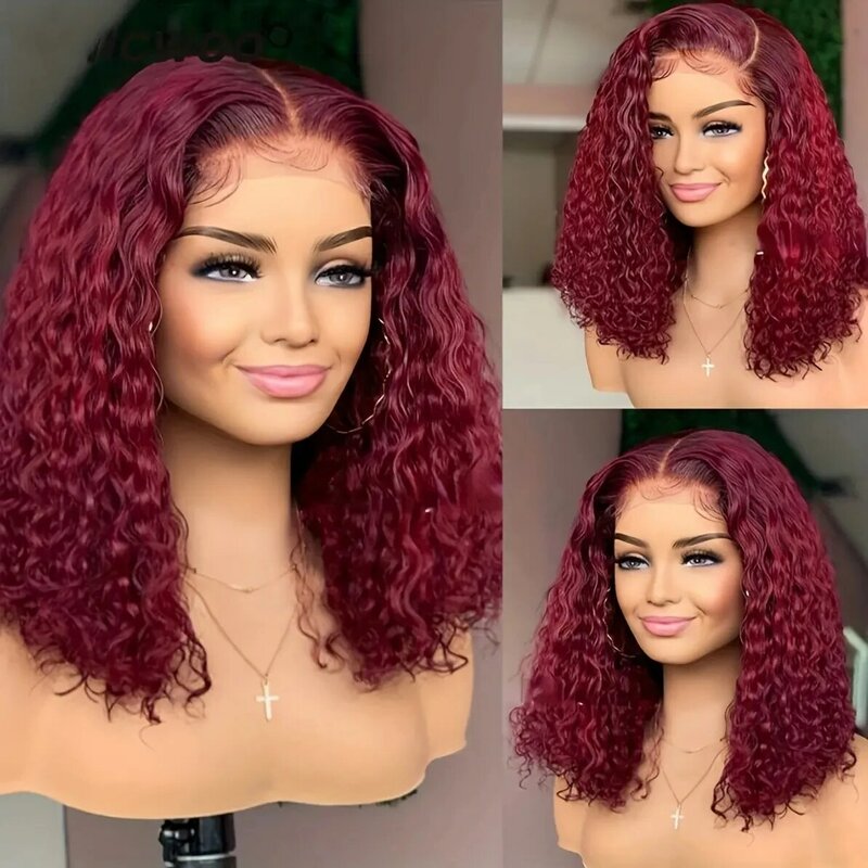 #99J Colored Burgundy Red Peruvian Curly Bob Wig 13x4 Lace Frontal Human Hair Short Wigs for Black Women Pre Plucked Water Wigs
