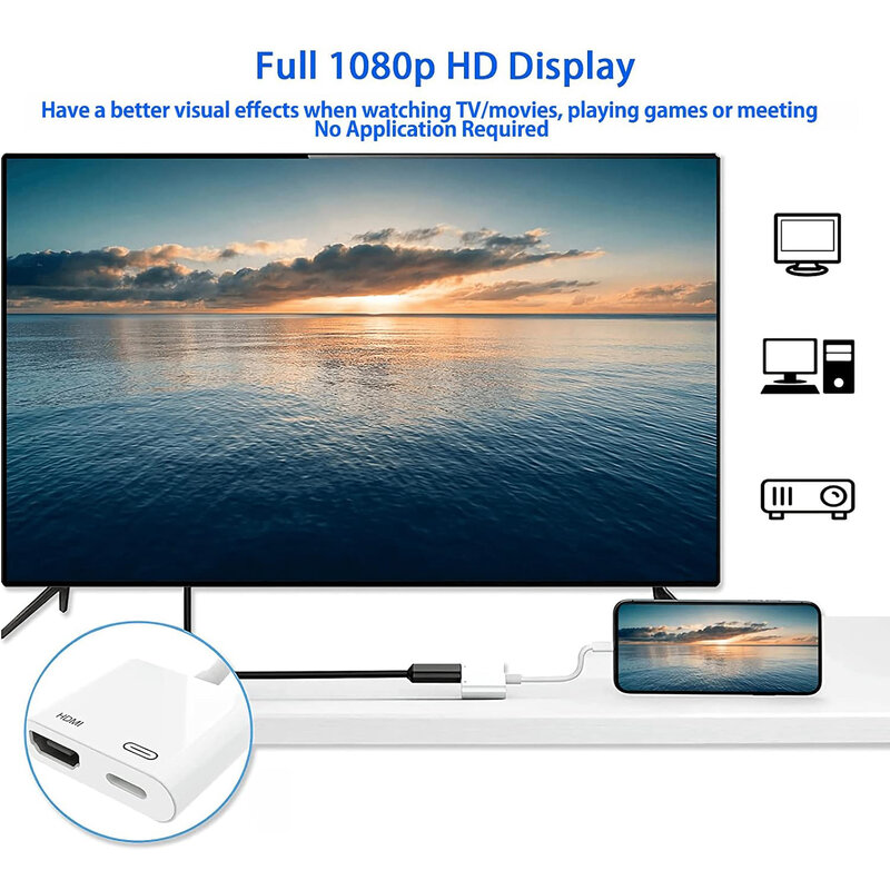 Adaptador Porta para HDMI para iPhone, Conversor de Tela, 8Pin, 1080P, Compatível com Modelos iPod, TV, Monitores, Projetor