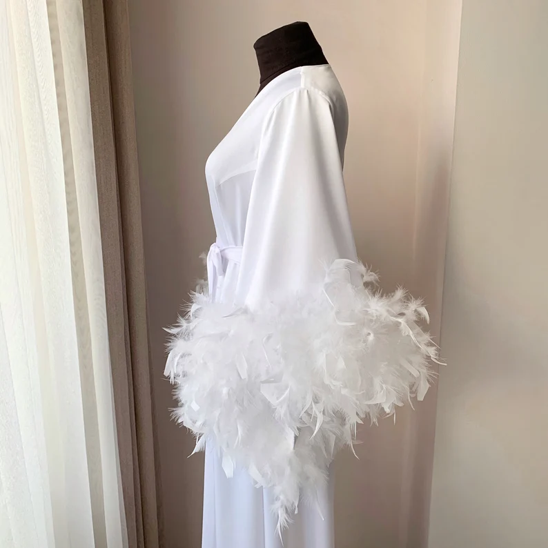 Weiße Boudoir Hochzeit boden lange Maxi Bademantel Roben Feder lange Robe Fleck Seide Dessous Braut zu sein Henne Party Kleid