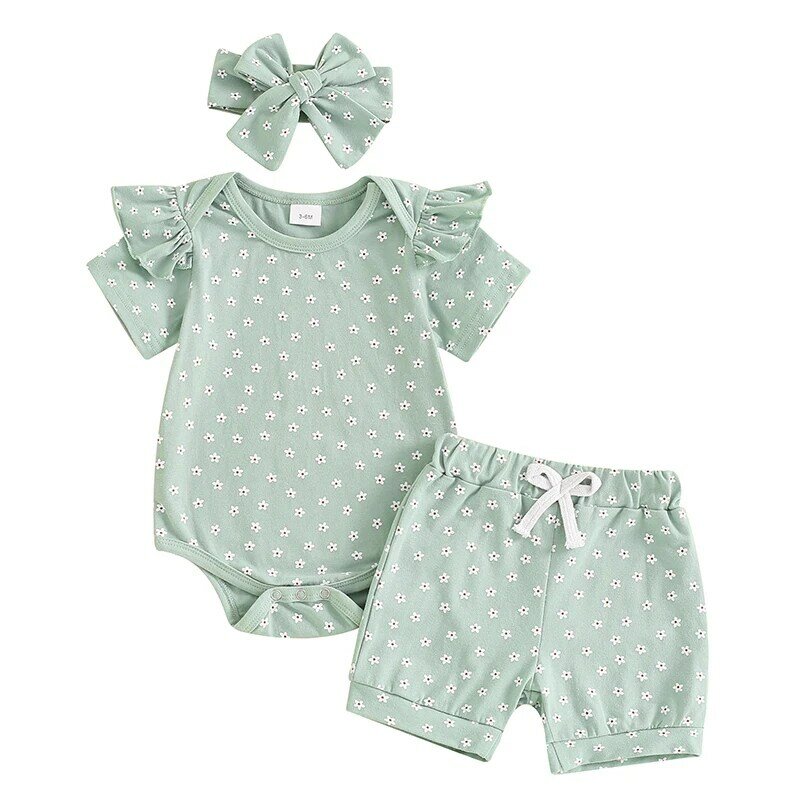 Baby Girl Clothes Summer Floral Outfit Ruffle Short Sleeve Romper Tops Shorts Headband 3Pcs Set