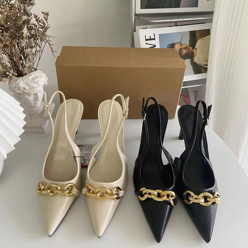 2024 Summer Open Heel Elegance High Heel Shoes Women with Pointed Thin Heels Wrapped Head Metal Chain Mouth Sandals for Women