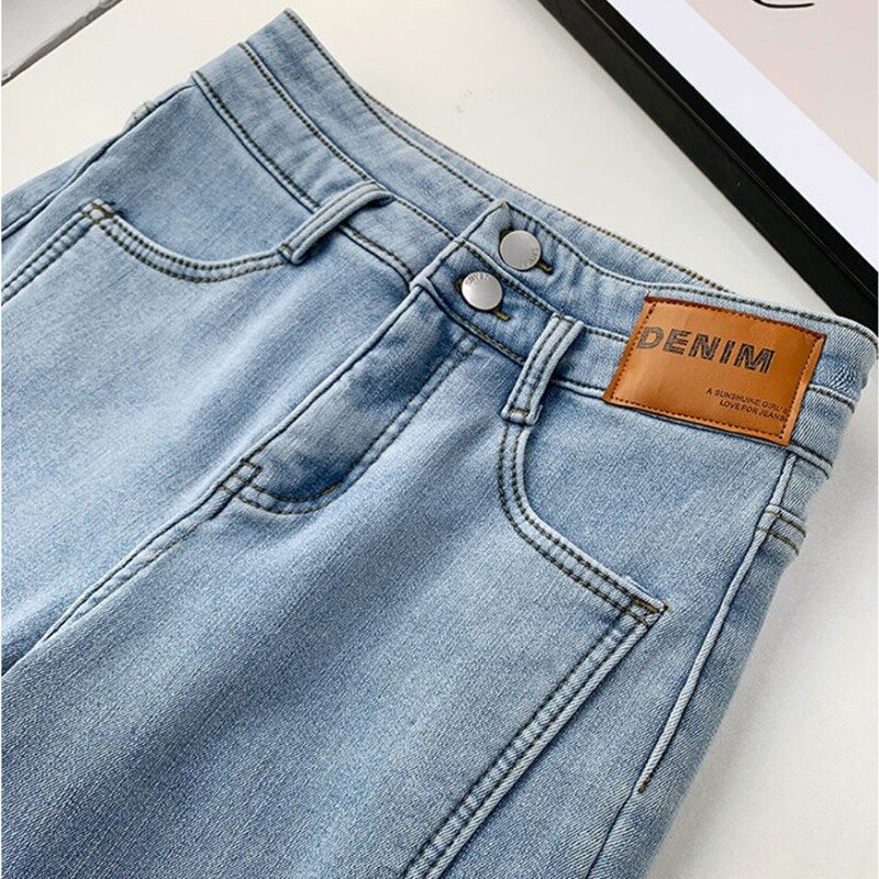 Женские бархатные джинсовые брюки с высокой талией, Облегающие расклешенные брюки с разрезом, корейские Эластичные Обтягивающие джинсы длиной 101-103 см