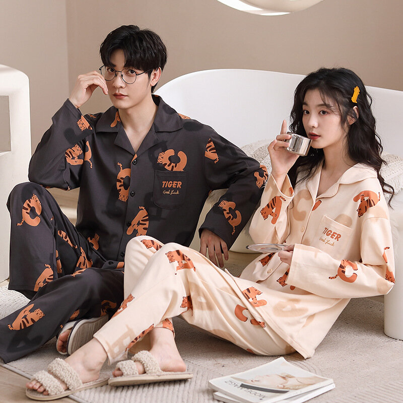 ชุดนอนคู่รักชุดใส่อยู่บ้านแขนยาวผ้าคอตตอน100% ชุดชุดนอน MODE Korea ใหม่ฤดูใบไม้ร่วงสำหรับคู่รัก