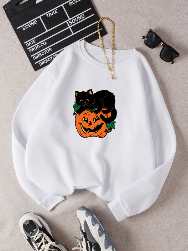 Odsetki czarny kot dyniowy bluza halloweenowa gotycki retro na co dzień ulica harajuku styl bluza polarowa unisex