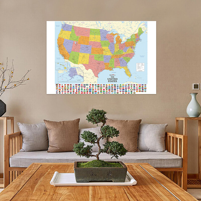 100x70cm Retro America Map with Country Flag Non-woven Fabric Unframed Poster and Print  Office Decor School Teaching Supplies