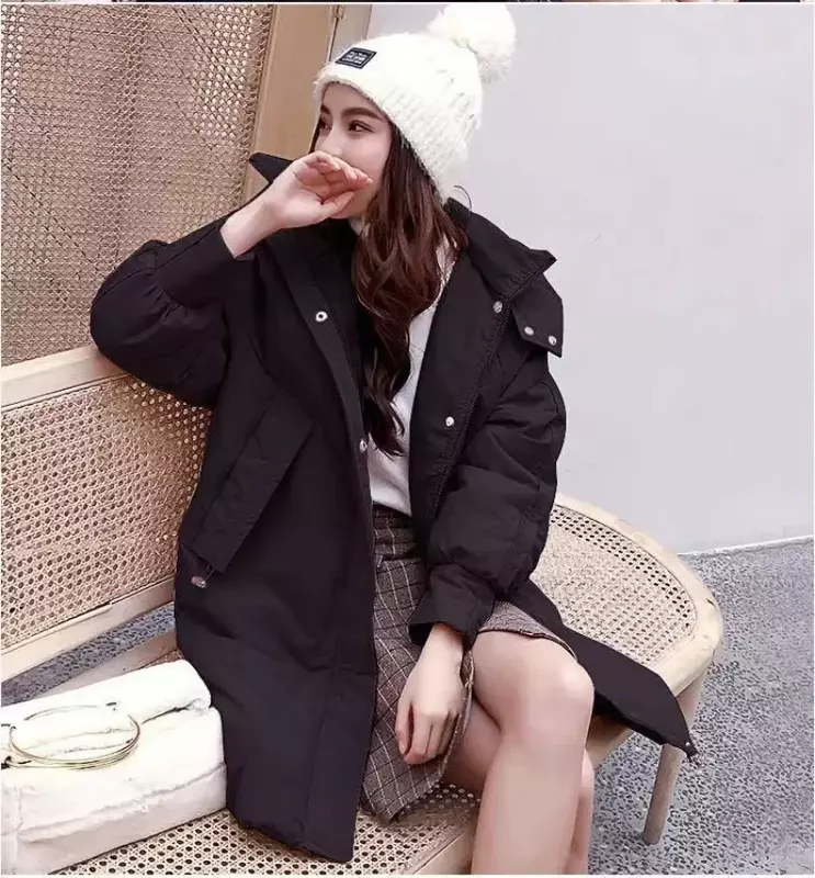 2024 New Korean Fashion Cotton-padded Jacket Women Long Hooded Puffer Coat Loose Casual Windproof Parkas Plus Size Outwear