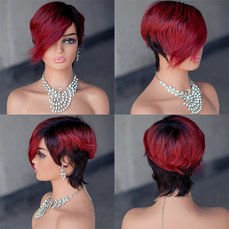 Borgonha vermelho Ombre peruca de cabelo humano com franja para mulheres, máquina feita, curto, reto, Bob, Pixie Cut, Remy, brasileiro