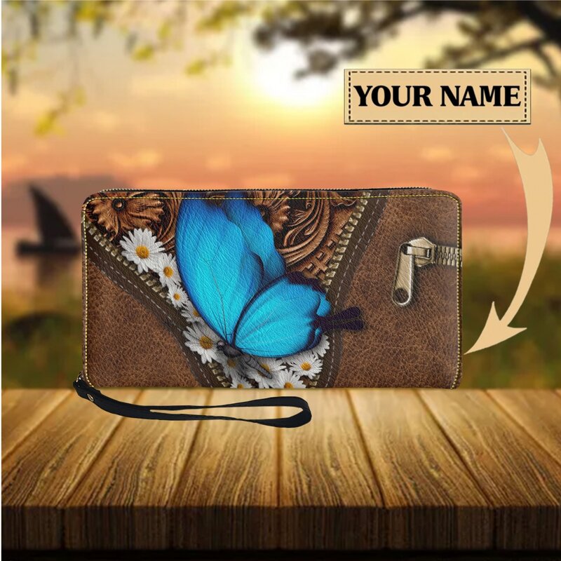 Tas tangan panjang lucu tas uang genggam kupu-kupu biru dengan desain Daisy dompet wanita multifungsi perjalanan tempat kartu kulit 2023