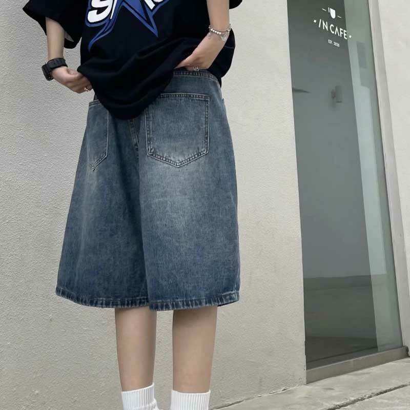 High Street Retro Blue Jeans Shorts Mulheres Verão New Baggy Wide Leg Denim Meia Calças Moda Streetwear Y2k Roupas Oversize