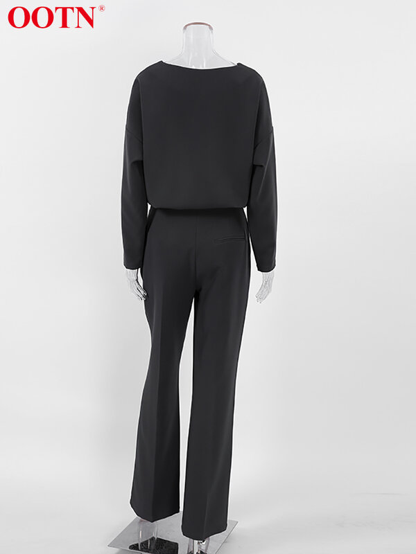 OOTN-Ensemble 2 pièces noir pour femme, tenue de bureau, pantalon taille haute, col rond, couleur unie, mode automne 2023