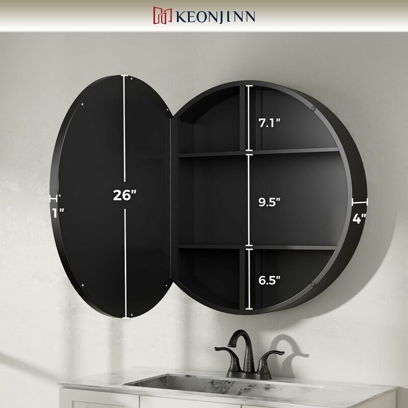 Keonjinn 26 w okrągłym czarnym szafka na leki do łazienki z lustrem, montaż powierzchniowy szafka na leki z metalową ramą, dom wiejski