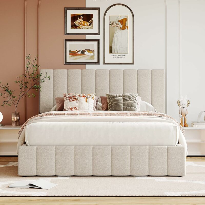 Plataforma de almacenamiento de elevación, marco de cama tapizado con cabecero cosido, soporte de listón de madera y almacenamiento debajo de la cama