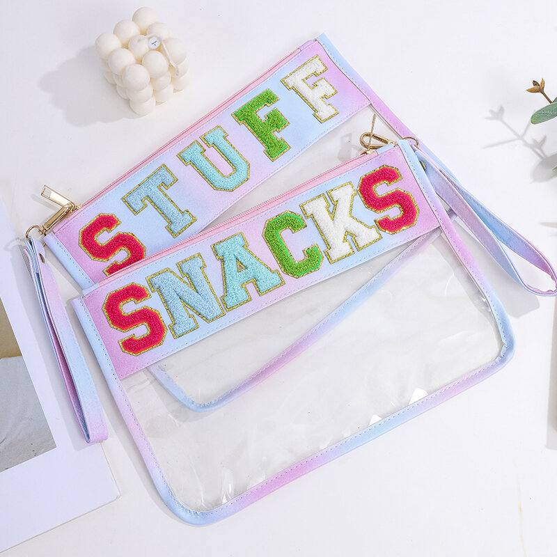 Zhuangshijie Women Transparent PE Cosmetic Storage Bags Girls Colorful Chenille Letter Patch Snacks Zipper Pouches